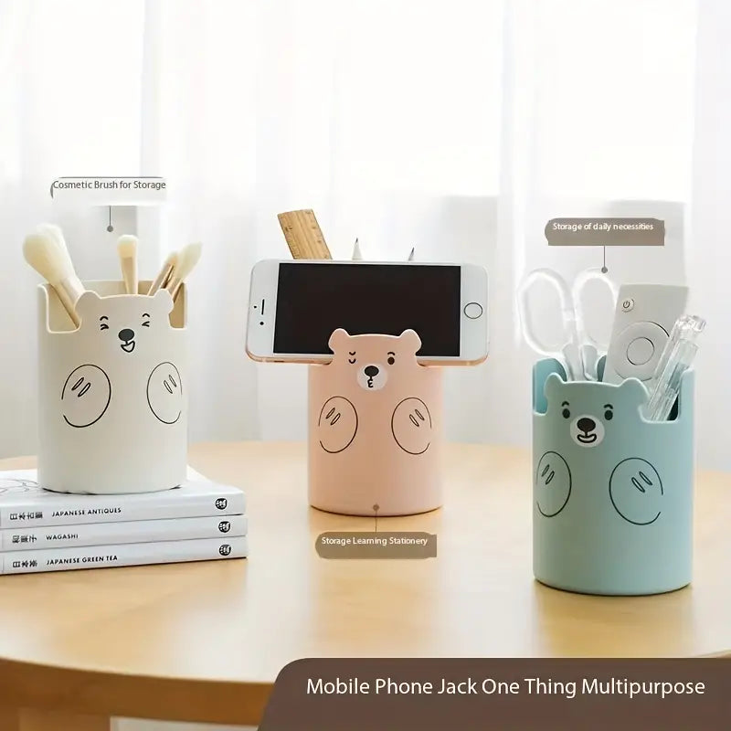 Cute Bear Pen Holder - Creative Round Plastic Storage Box