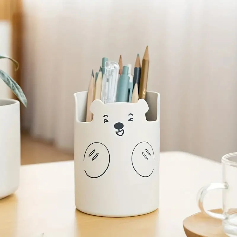 Cute Bear Pen Holder - Creative Round Plastic Storage Box