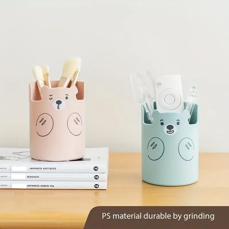 Cute Bear Pen Holder - Creative Round Plastic Storage Box