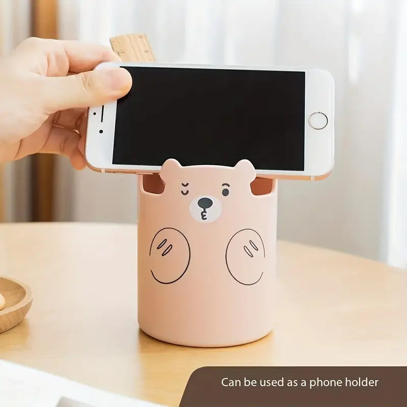 Cute Bear Pen Holder - Creative Round Plastic Storage Box