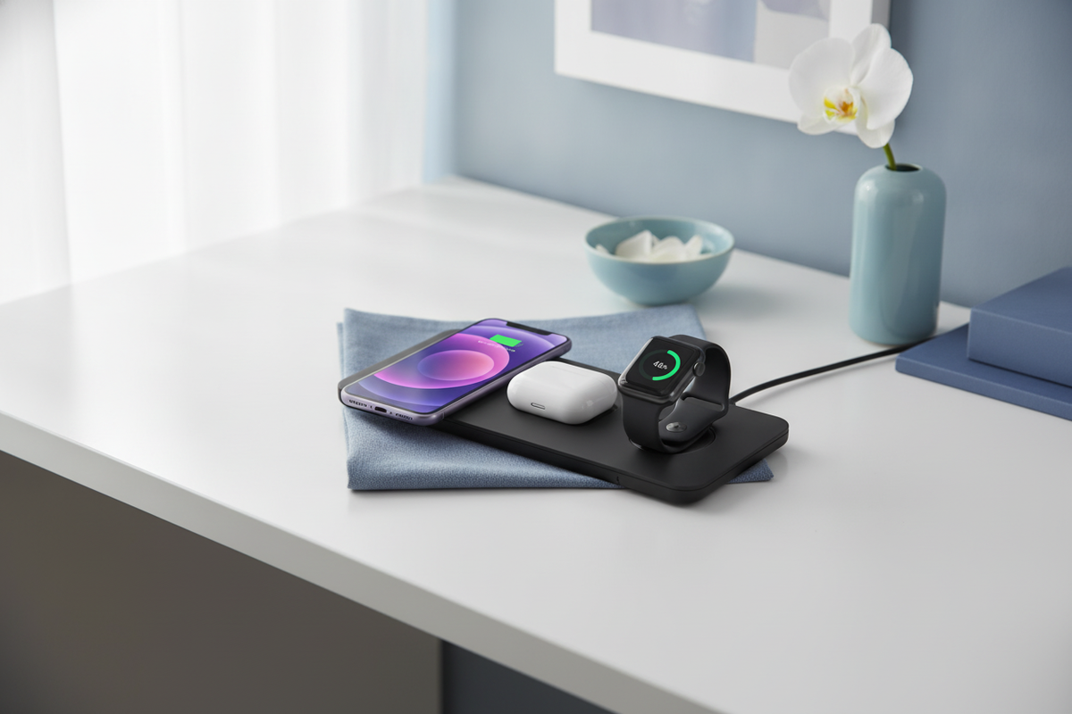 A 3-in-1 wireless charger powers an iPhone, Apple Watch, and AirPods on a white desk with blue accents.